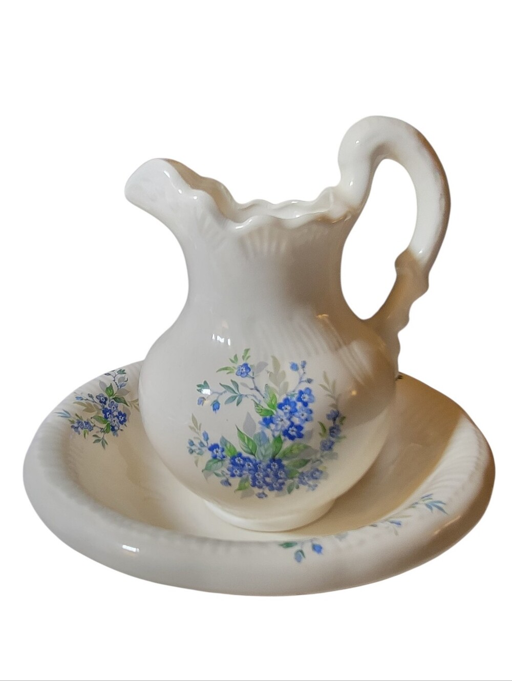 Victorian Style Blue Floral Ceramic Pitcher & Bowl